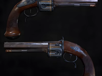 Two Vintage Revolvers With Wooden Grips And Metal Components On 3d model