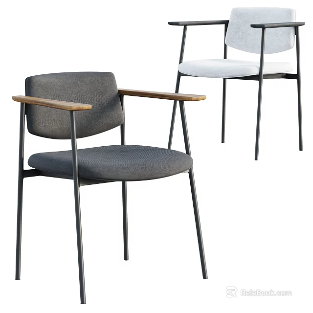 Modern Leisure Chairs Gray and White Upholstered with Wooden Armrests and Metal Legs 3d model 