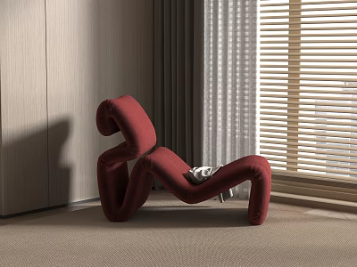 Unique Red S Shaped Lounge Chair Near Window With Blinds Light Walls And Carpet 3d model