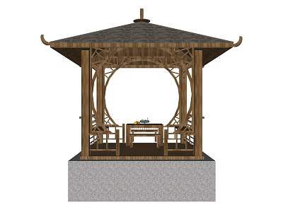 Traditional Wooden Pavilion With Circular Design Tile Roof And Stone Base Interior Table Chairs 3d model