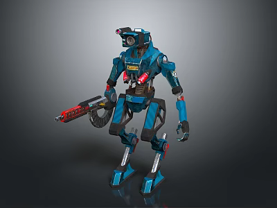 Standing Blue Mechanical Robot With Sci fi Weapon And Armor Design 3d model