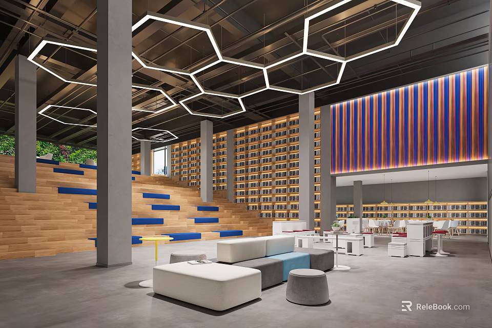 Public Office Space Featuring Hexagonal Lights Staircase Seating With Blue Yellow Steps And Bookshelf Walls 3d model 