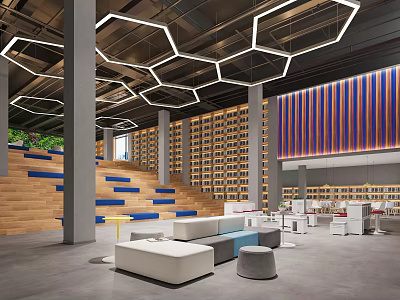 Public Office Space Featuring Hexagonal Lights Staircase Seating With Blue Yellow Steps And Bookshelf Walls 3d model