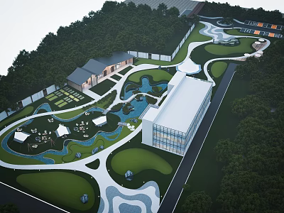 Park Landscape Featuring Winding Walkways Water Ponds Lush Lawns Trees And Buildings 3d model