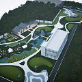 Park Landscape Featuring Winding Walkways Water Ponds Lush Lawns Trees And Buildings