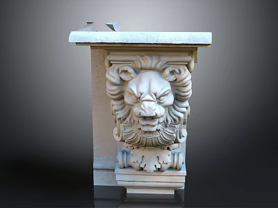 Elegant Roman Column with Detailed Lion Head Carving and Stone Decorative Design 3d model