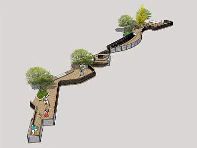 Scenic Winding Road Facilities With Trees Pedestrian Walkways And Seating Areas 3d model