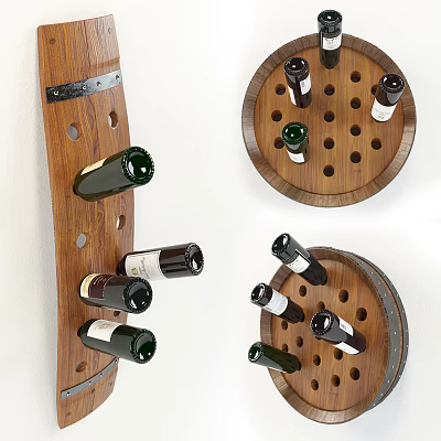 Elegant Wooden Barrel Design Wall Mounted Wine Rack Displaying Wine Bottles 3d model
