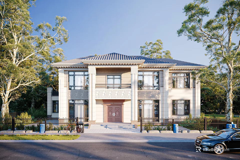 Two Story Single Family House With Dark Roof Light Exterior Front Steps And Trees 3d model 