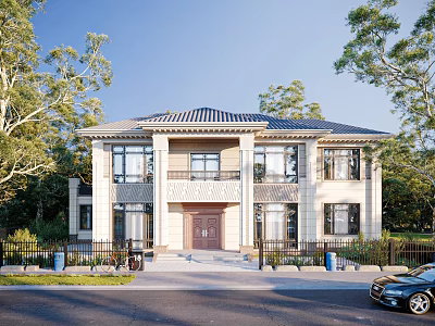 Two Story Single Family House With Dark Roof Light Exterior Front Steps And Trees 3d model