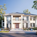 Two Story Single Family House With Dark Roof Light Exterior Front Steps And Trees