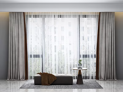 Modern Room With Gray Curtains And Sheer White Window Decor View 3d model