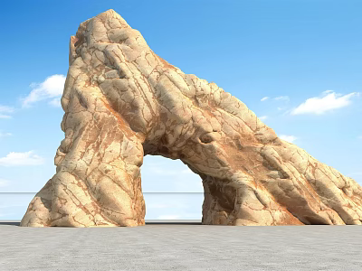 Rock Arch Building Facade Against Blue Sky With White Clouds And Gray Concrete Ground 3d model
