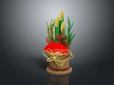 Decorative Bamboo Vase Flower Arrangement with Red Fan Green Leaves and Red Berries 3d model