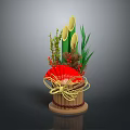 Decorative Bamboo Vase Flower Arrangement with Red Fan Green Leaves and Red Berries