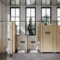 Public Restroom With Wooden Stalls Windows Trees Outside Grab Bars And Gray Tile Flooring