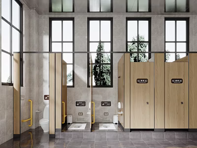 Public Restroom With Wooden Stalls Windows Trees Outside Grab Bars And Gray Tile Flooring 3d model
