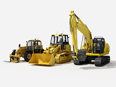 Yellow Heavy Duty Utility Vehicles With Bulldozer Loader And Excavator For Construction 3d model