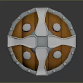 Medieval Circular Shield Featuring Wooden Panels Metal Cross Frame and Rivets