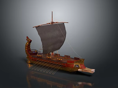 Ancient Wooden Water Vessel with Large Sail and Ornate Decorative Bow Design 3d model