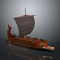 Ancient Wooden Water Vessel with Large Sail and Ornate Decorative Bow Design