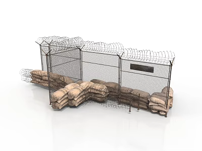 Realistic style metal fence sandbag barricade fence wire mesh sandbag fence isolation belt barrier defense alert storage industrial facility 3d model