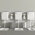 Three White Cistern Squat Toilets With Toilet Brushes And Trash Bins Gray Wall Background