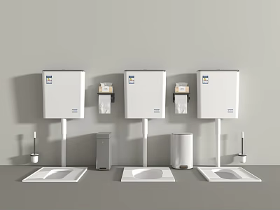 Three White Cistern Squat Toilets With Toilet Brushes And Trash Bins Gray Wall Background 3d model