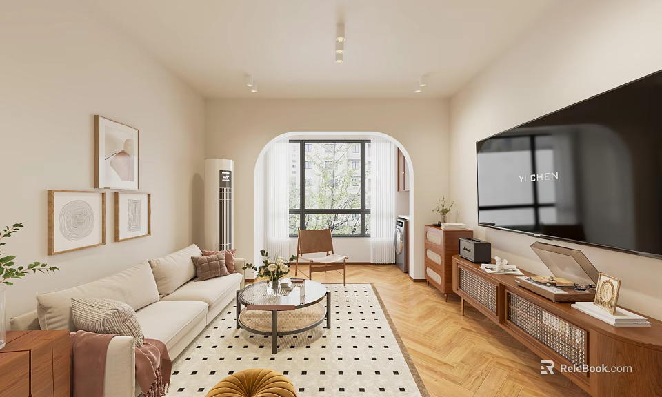 Modern Living Dining Room Interior Design With Sofa Coffee Table Rug TV And Wooden Floor 3d model 
