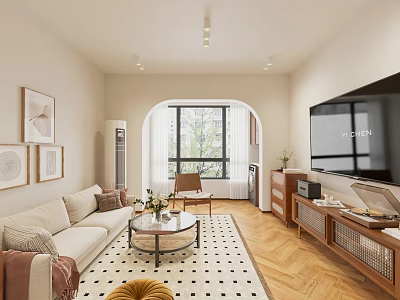 Modern Living Dining Room Interior Design With Sofa Coffee Table Rug TV And Wooden Floor 3d model