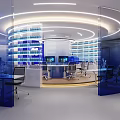 Modern Specialty Store Interior With Circular Layout White Blue Display Shelves Screens And Chairs