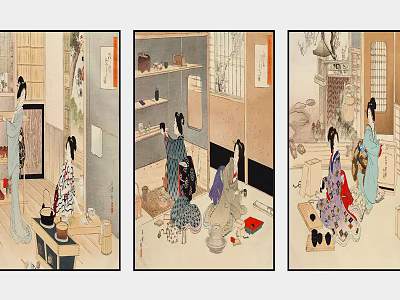 Traditional Figure Paintings Featuring Women in Kimono and Interior Scenes with Decor 3d model