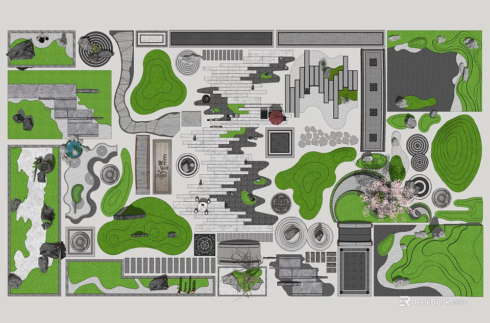 Garden Ornaments Plan Layout With Paths Green Areas And Stone Features 3d model