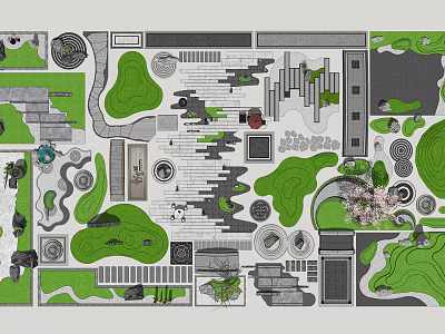 Garden Ornaments Plan Layout With Paths Green Areas And Stone Features 3d model