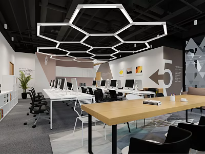 Modern Public Office Space With Hexagonal Ceiling Lights Computer Workstations And Open Layout 3d model