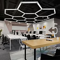 Modern Public Office Space With Hexagonal Ceiling Lights Computer Workstations And Open Layout 3d model