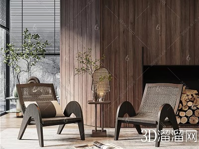 Modern Living Interior With Rattan Chairs Small Round Table And Wooden Wall 3d model