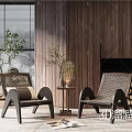 Modern Living Interior With Rattan Chairs Small Round Table And Wooden Wall