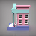 Cartoon Style Bank Building With Pink Light Blue And Purple Colors Columns And Steps