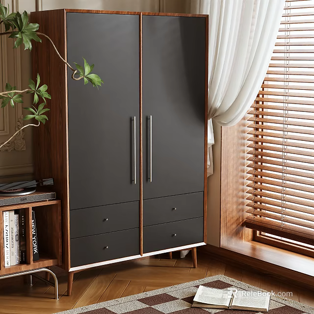 Modern Wardrobe Interior With Dark Double Doors Metal Handles Wooden Frame And Drawers 3d model 