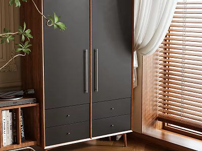 Modern Wardrobe Interior With Dark Double Doors Metal Handles Wooden Frame And Drawers 3d model