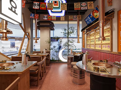 Korean Restaurant Interior With Neon Signs Brass Decor Dining Tables And Red Floor Tiles 3d model