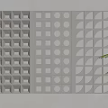 Modern Gray Partition Wall With Geometric Square Circular Half Moon Patterns And Potted Plant 3d model