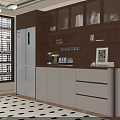 Modern Sideboard With White And Dark Wood Upper Cabinets Coffee Machine And Window Blinds