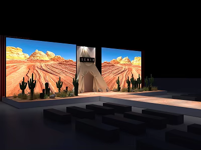 Large Screens Show Desert Landscape With Teepee Structure Cacti Plants And Bench Seating 3d model