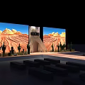 Large Screens Show Desert Landscape With Teepee Structure Cacti Plants And Bench Seating