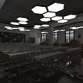 Spacious School Classroom Interior With Hexagonal Pendant Lights Green Chairs Large Screen And Bookshelves