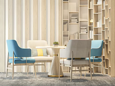 Modern Round Table And Blue Gray Chairs With Wooden Shelves Interior 3d model