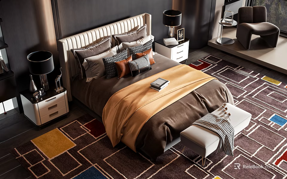 Modern Double Bed With Headboard Brown Beige Bedding Decorative Pillows Nightstands Lamps Geometric Rug Bench 3d model 