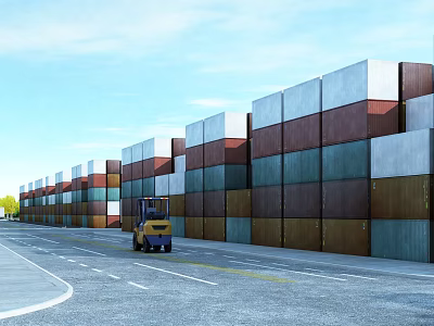 Colorful Container Scenery With Yellow Forklift Under Blue Sky Along Gray Road 3d model